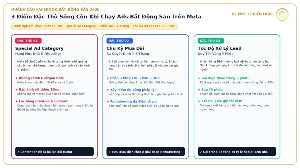 Sơ đồ 3 điểm đặc thù chạy quảng cáo Facebook bất động sản hạn chế special ad category housing chu kỳ mua dài 1-6 tháng và quy tắc gọi lead trong 5 phút QC MKT