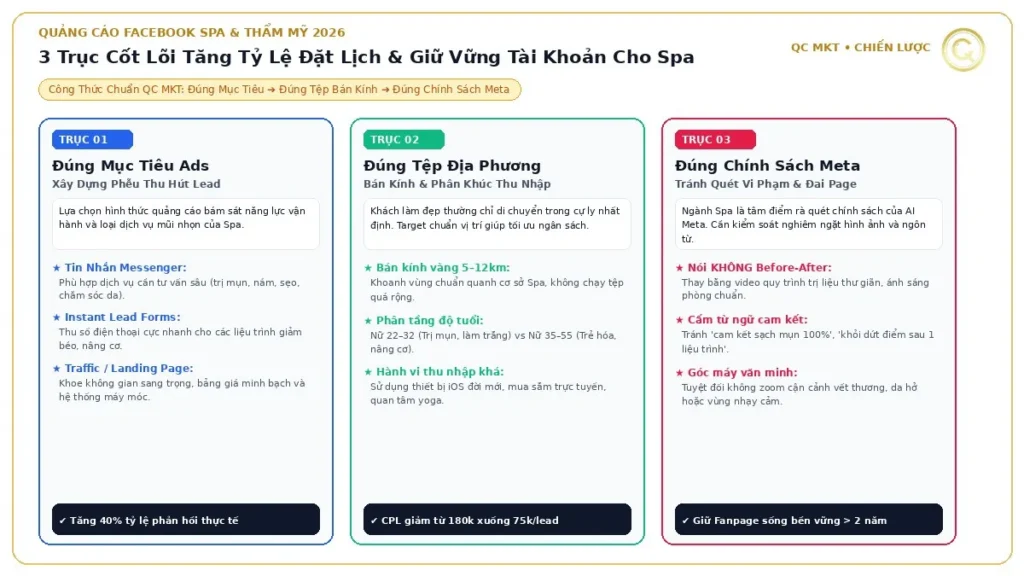 Sơ đồ 3 trục cốt lõi chạy quảng cáo Facebook spa đúng mục tiêu tin nhắn lead ads đúng tệp bán kính địa phương và tuân thủ chính sách Meta QC MKT