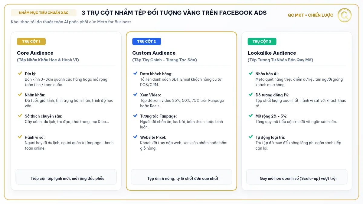 Lợi ích khi sử dụng Facebook Ads 3 trụ cột nhắm mục tiêu Core Custom Lookalike Audience QC MKT