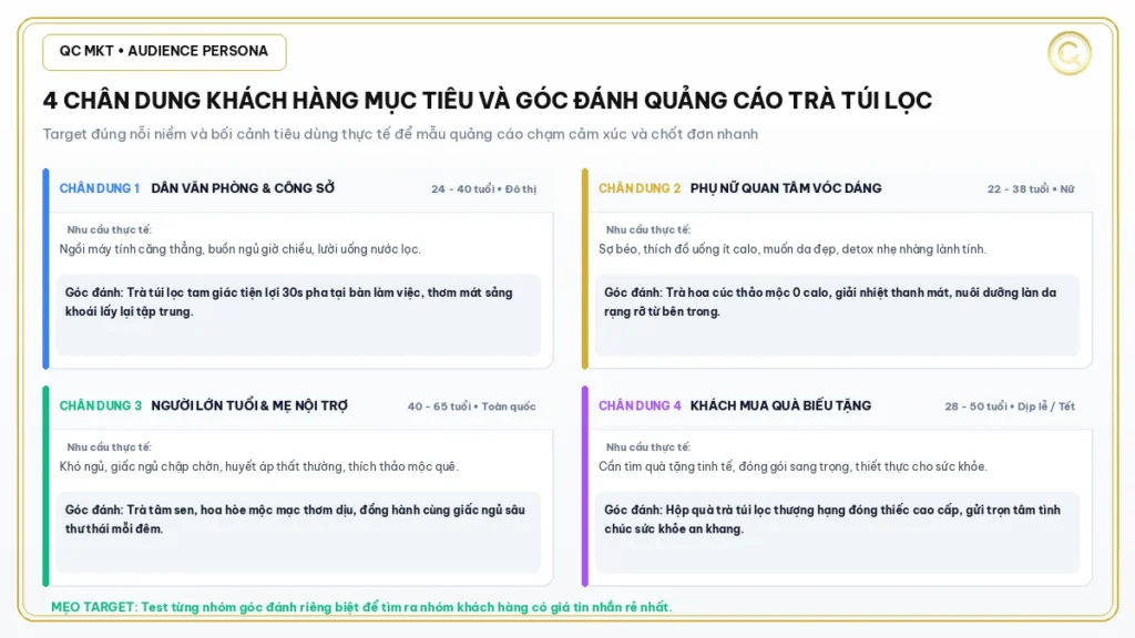 4 chân dung khách hàng mục tiêu khi chạy quảng cáo Facebook trà túi lọc QC MKT