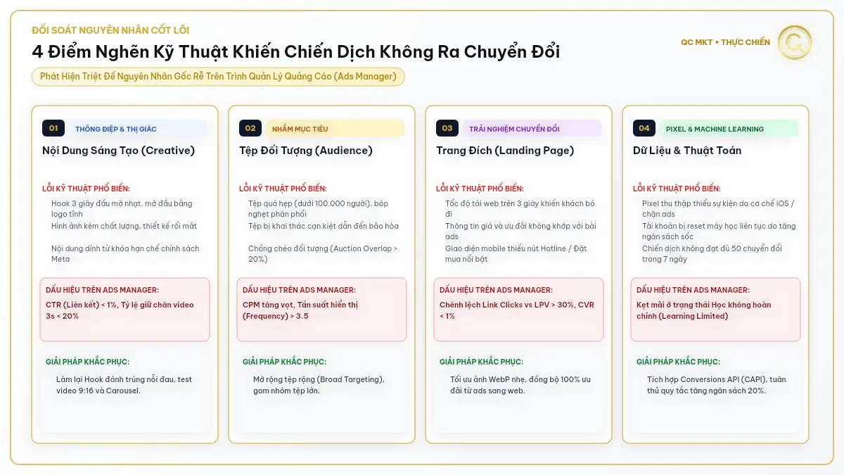 4 nguyên nhân kỹ thuật cốt lõi khiến chạy quảng cáo Facebook không ra chuyển đổi Creative Audience Landing Page và Pixel QC MKT