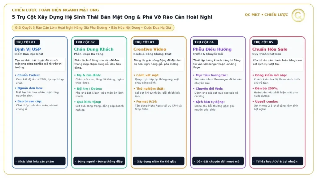 Sơ đồ 5 trụ cột xây dựng hệ sinh thái bán mật ong Facebook Ads định vị USP chân dung khách hàng video reels phễu chuyển đổi và quy trình sale QC MKT