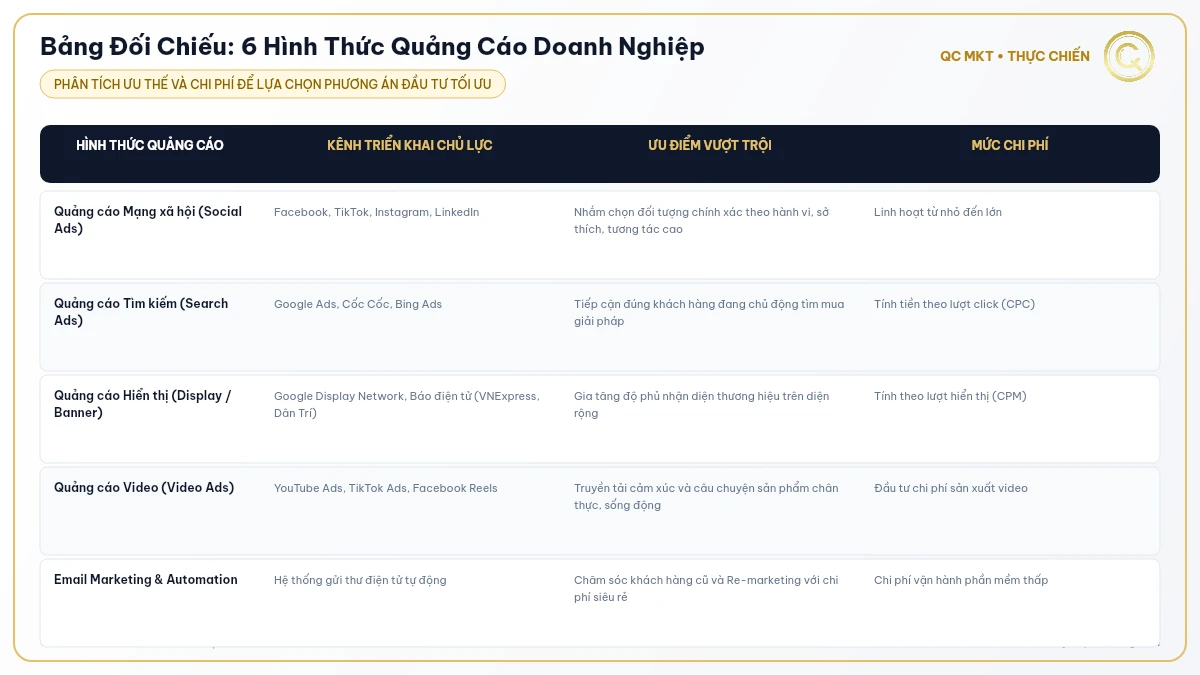 Bảng so sánh chi phí kênh phân phối 6 hình thức quảng cáo doanh nghiệp QC MKT