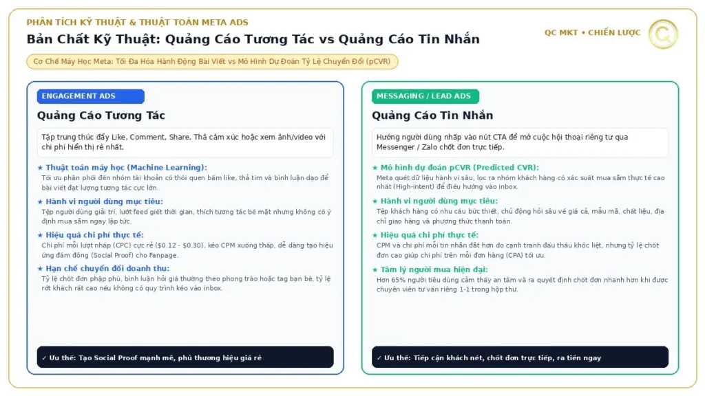 Phân tích bản chất kỹ thuật thuật toán máy học Meta Ads giữa quảng cáo tương tác Engagement và quảng cáo tin nhắn Messaging Lead Ads QC MKT