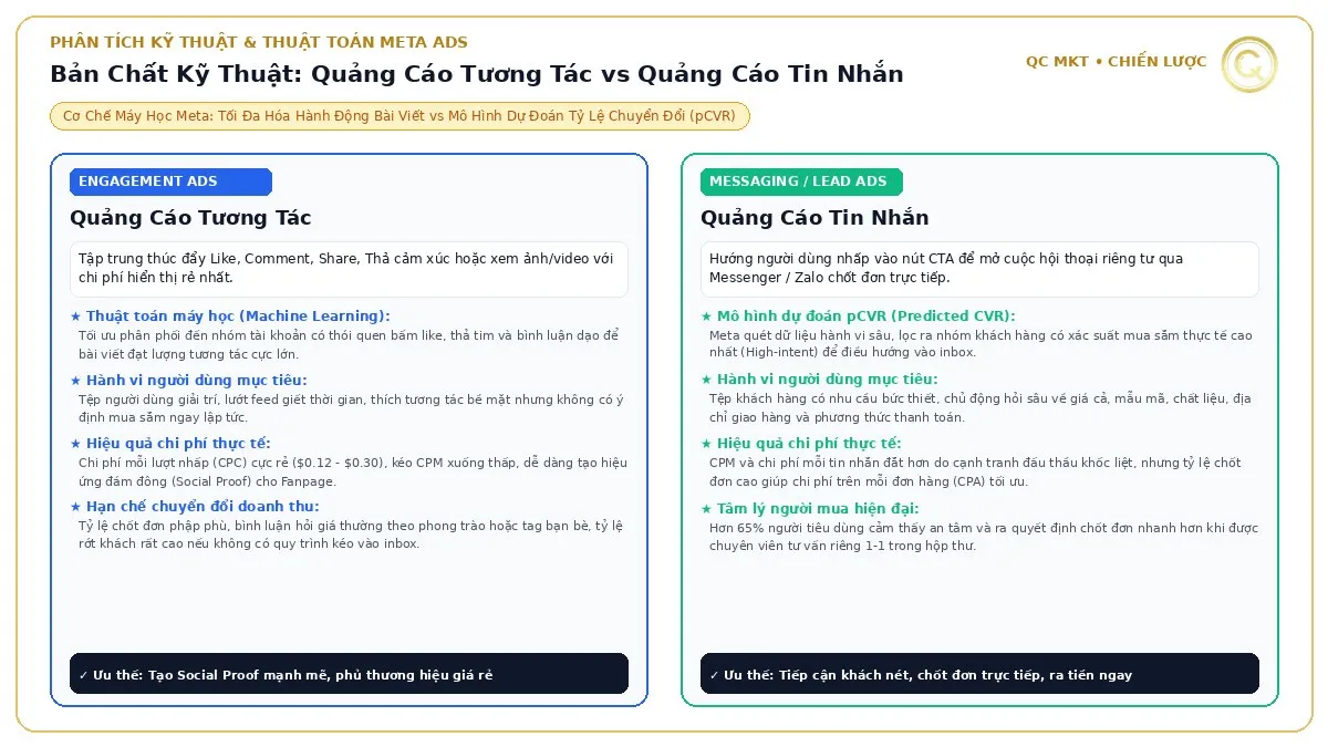 Phân tích bản chất kỹ thuật thuật toán máy học Meta Ads giữa quảng cáo tương tác Engagement và quảng cáo tin nhắn Messaging Lead Ads QC MKT