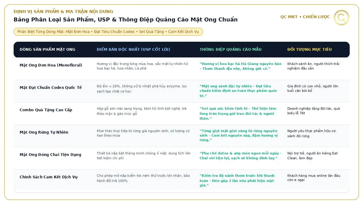 Bảng ma trận phân loại sản phẩm mật ong đơn hoa tiêu chuẩn Codex combo quà tặng và thông điệp quảng cáo Facebook Ads mẫu QC MKT