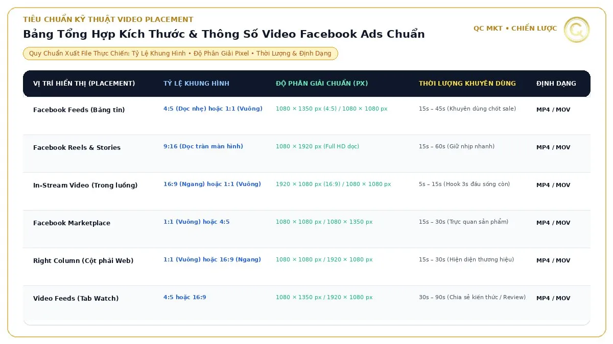 Bảng tổng hợp thông số kỹ thuật kích thước video chạy quảng cáo Facebook chuẩn tỷ lệ khung hình độ phân giải và thời lượng QC MKT