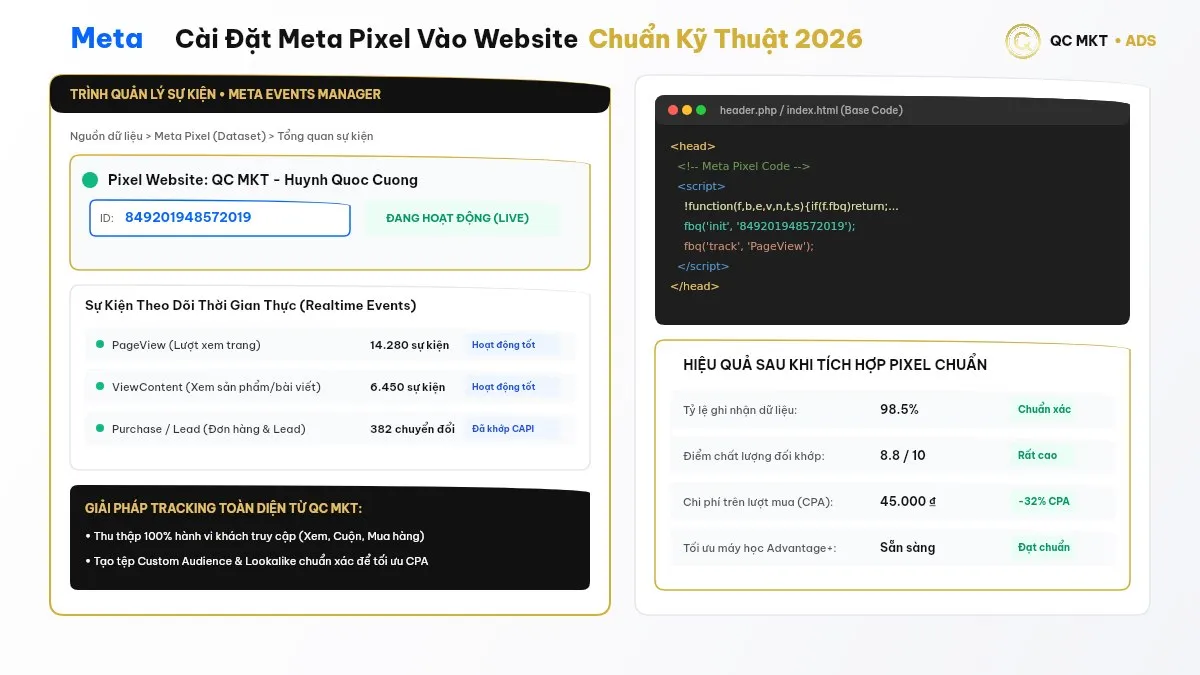 Cài đặt Pixel Facebook vào website Trình quản lý sự kiện Meta Events Manager và mã Base Code QC MKT