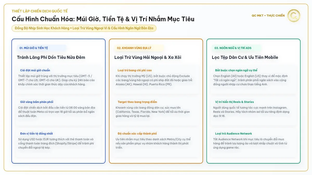 Cấu hình chiến dịch quảng cáo Facebook quốc tế chuẩn múi giờ tiền tệ loại trừ hải ngoại và lọc ngôn ngữ bản địa QC MKT