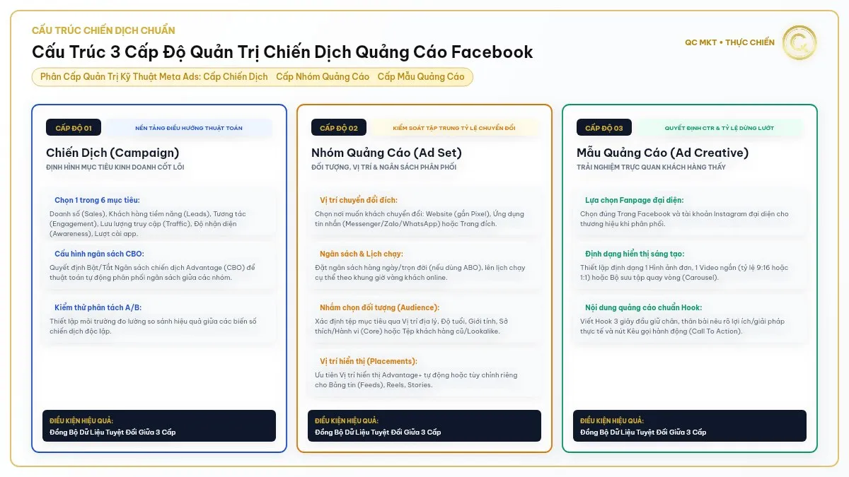 Cấu trúc 3 cấp độ quản trị chiến dịch quảng cáo Facebook cấp chiến dịch nhóm quảng cáo và mẫu quảng cáo QC MKT