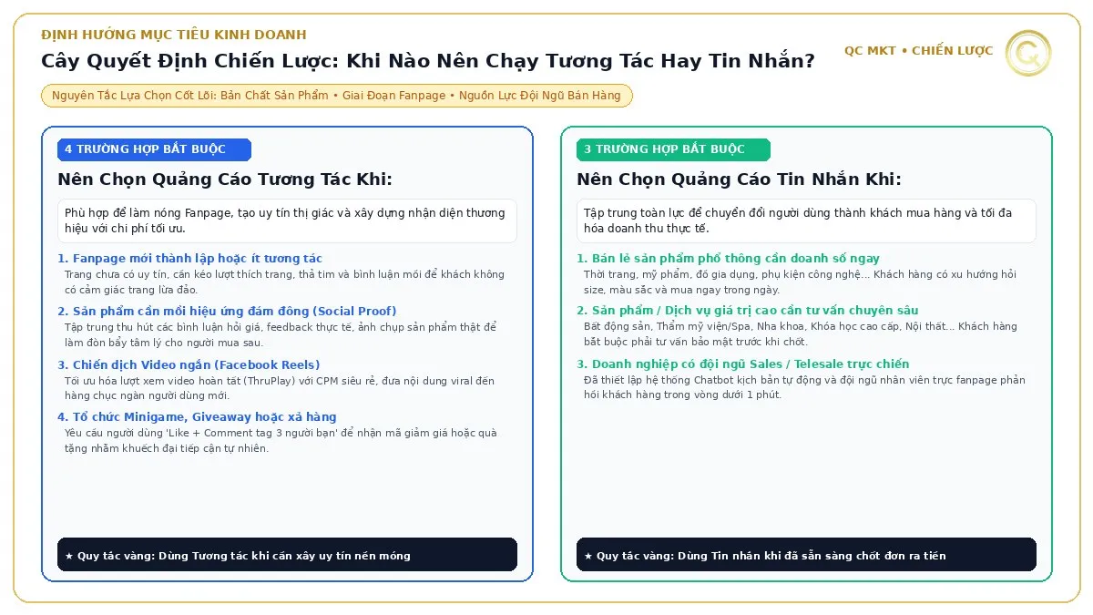 Cây quyết định chiến lược khi nào nên chạy quảng cáo tương tác và khi nào bắt buộc chạy quảng cáo tin nhắn Facebook Ads QC MKT