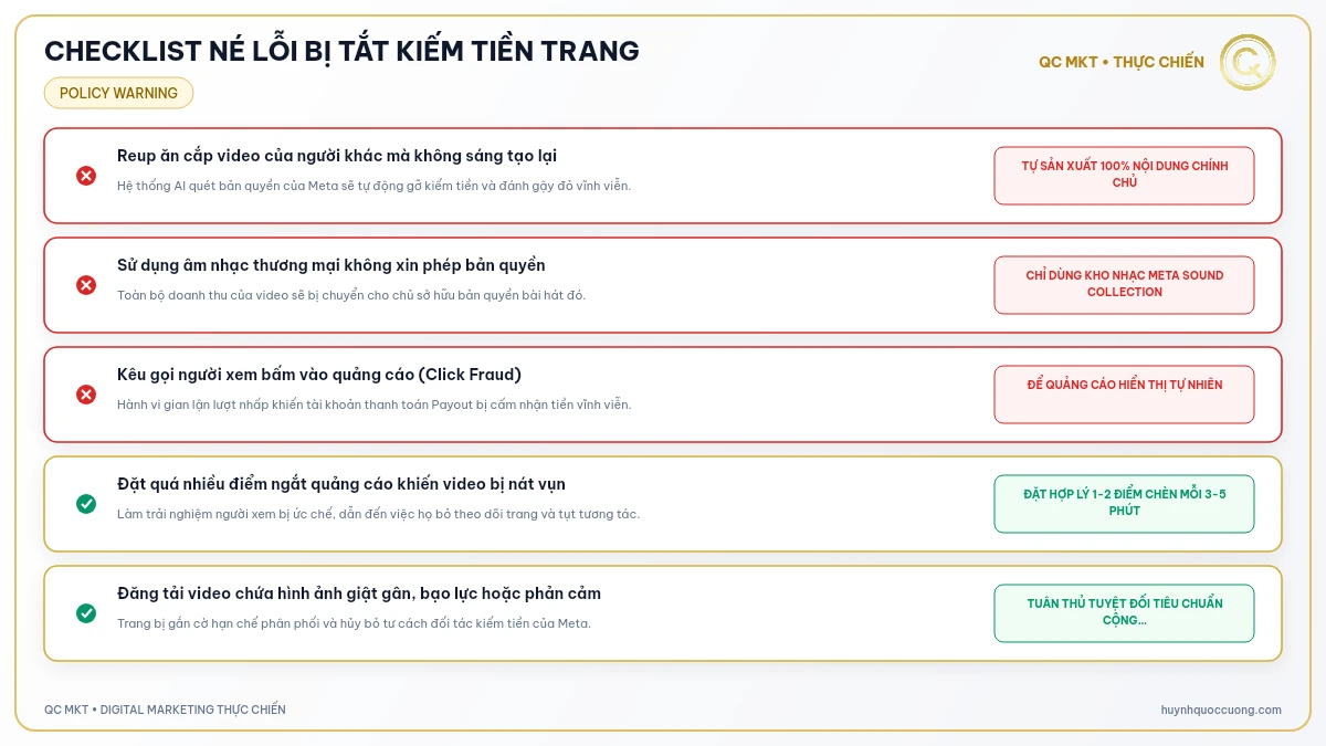 Checklist các lỗi vi phạm bản quyền và chính sách kiếm tiền Facebook Ads Break QC MKT