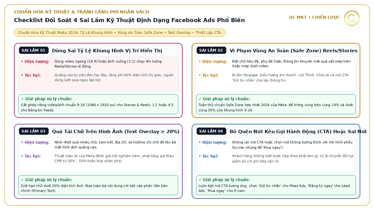 Checklist đối soát 4 sai lầm kỹ thuật định dạng Facebook Ads tỷ lệ khung hình Safe Zone Reels text overlay và nút CTA QC MKT