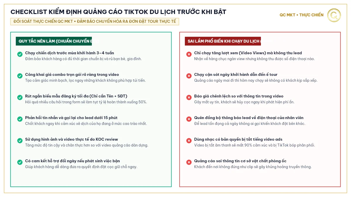 Checklist kiểm định quảng cáo TikTok du lịch trước khi bật đảm bảo chuyển hóa đơn đặt tour QC MKT