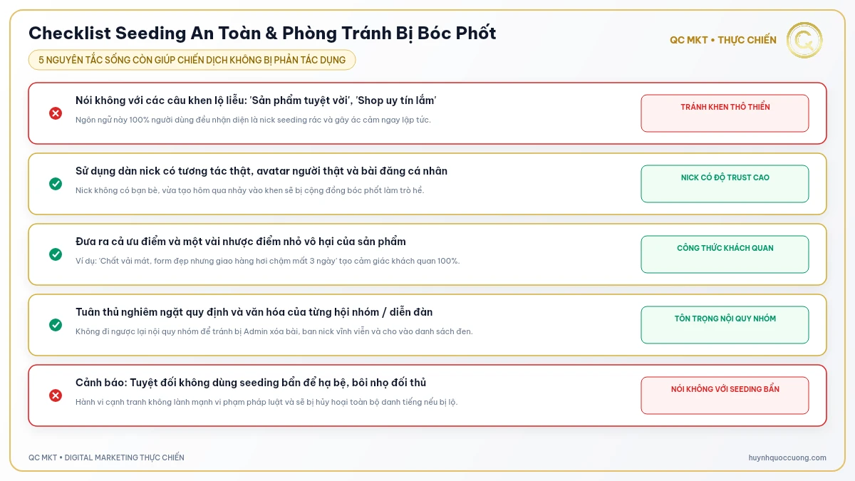 Checklist nguyên tắc seeding văn minh tự nhiên không spam nick thật QC MKT