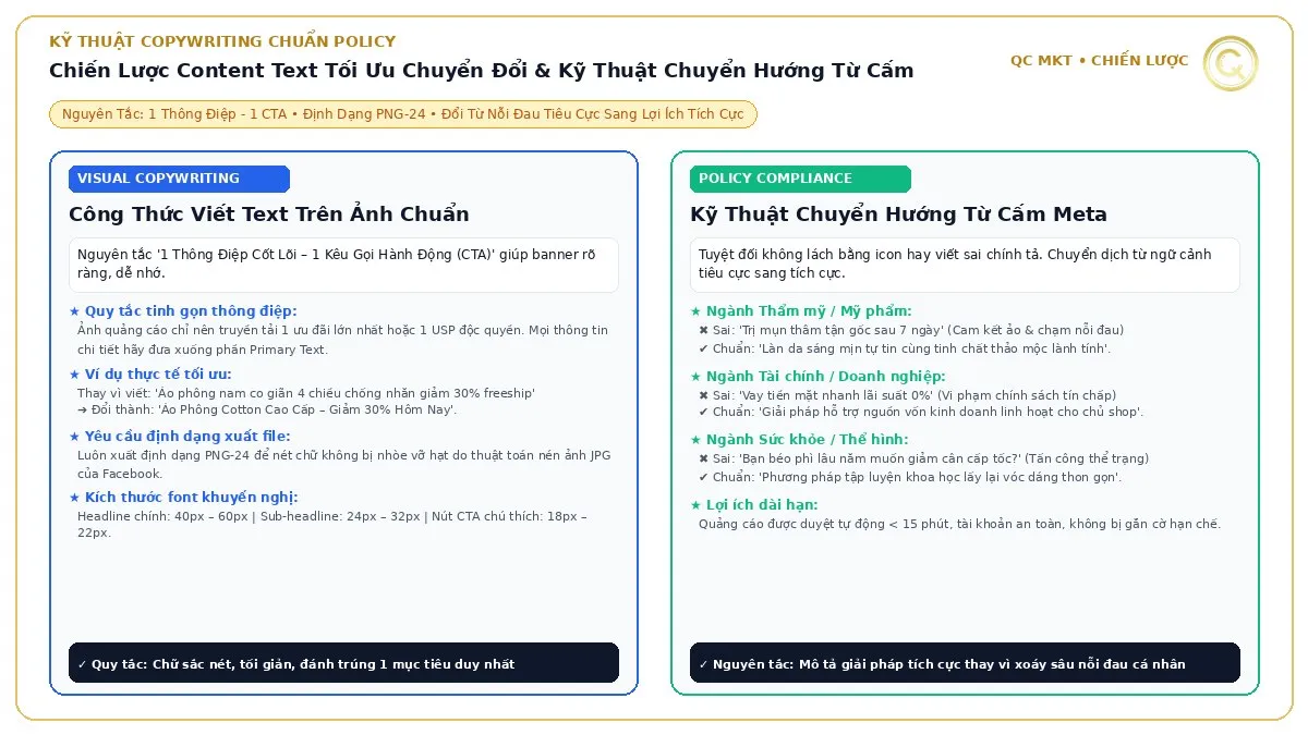 Chiến lược visual copywriting 1 thông điệp 1 CTA và kỹ thuật chuyển hướng từ cấm chuẩn chính sách Meta Ads QC MKT