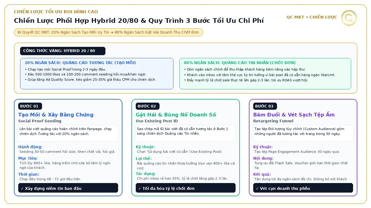 Chiến lược phối hợp Hybrid 20 80 quy trình 3 bước mồi tương tác gặt hái tin nhắn và bám đuổi retargeting Facebook Ads QC MKT