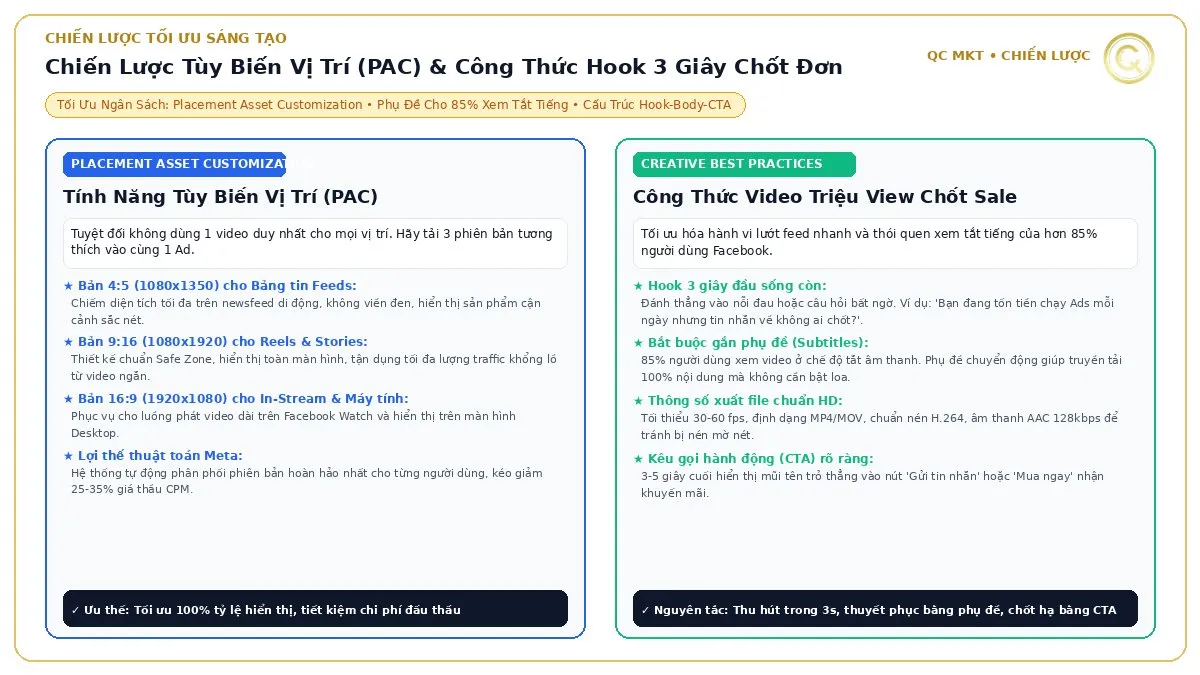 Chiến lược tùy biến vị trí quảng cáo PAC và công thức Hook 3 giây gắn phụ đề cho video bán hàng Facebook Ads QC MKT
