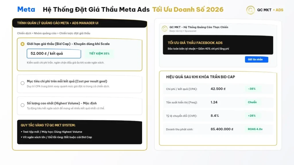 Cách đặt giá thầu quảng cáo Facebook tối ưu chi phí đấu giá Meta Ads Manager QC MKT