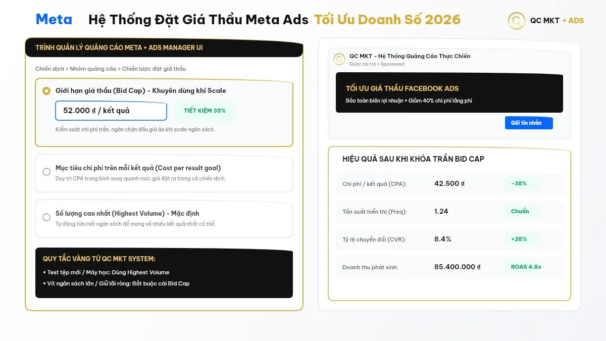 Cách đặt giá thầu quảng cáo Facebook tối ưu chi phí đấu giá Meta Ads Manager QC MKT