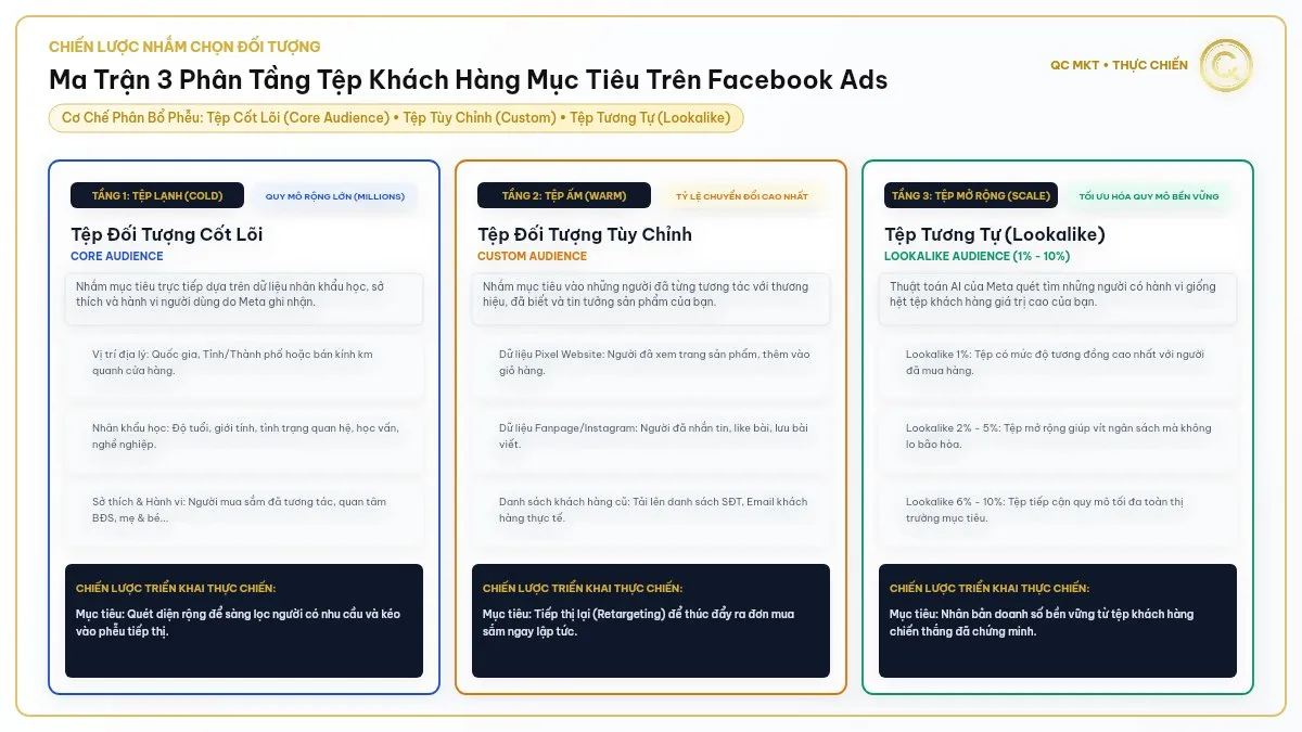 Ma trận 3 phân tầng tệp khách hàng mục tiêu Facebook Ads tệp cốt lõi tệp tùy chỉnh và tệp tương tự Lookalike QC MKT