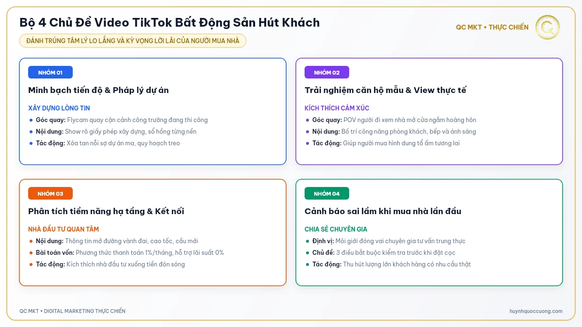 Ma trận 4 dạng video TikTok BĐS tiến độ nhà mẫu pháp lý tiện ích QC MKT