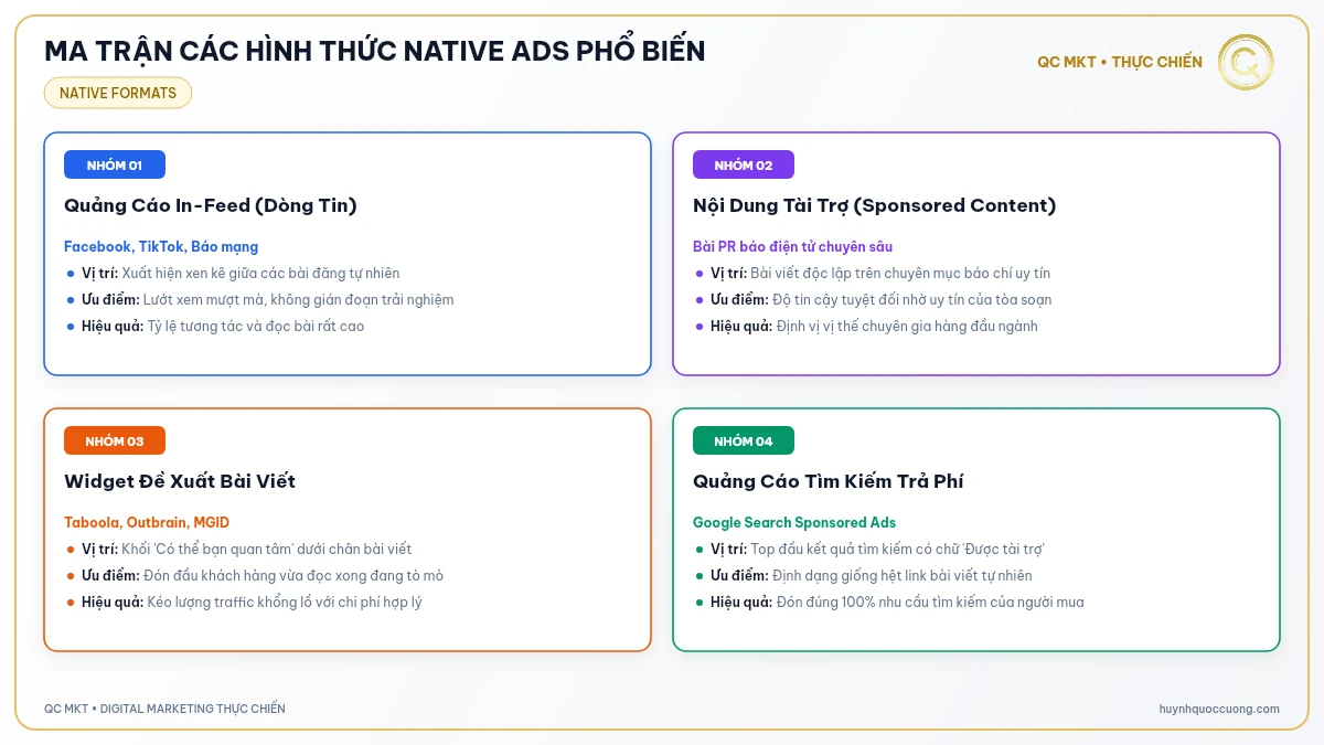 Ma trận phân loại 4 hình thức Native Ads phổ biến In-Feed Search Widget và Sponsored QC MKT