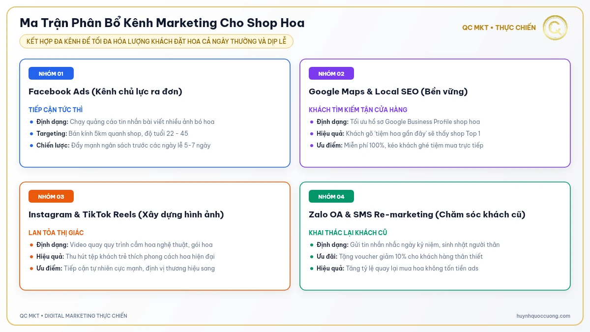 Ma trận phân bổ kênh Facebook Instagram Google Maps cho shop hoa tươi QC MKT