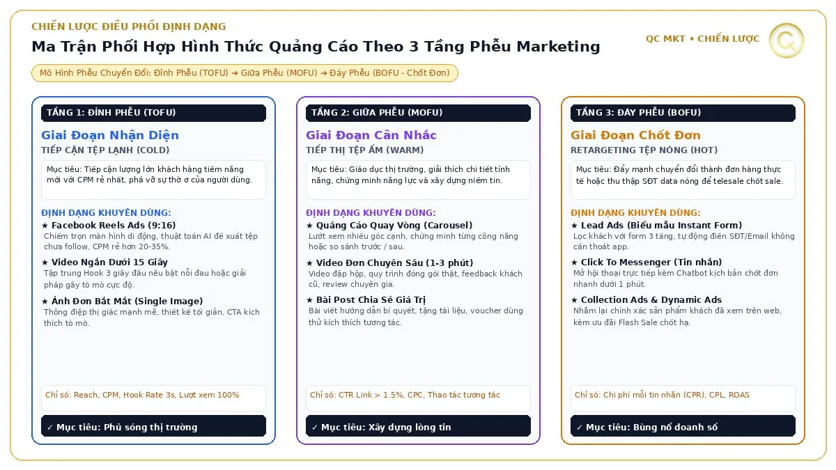 Ma trận phối hợp hình thức quảng cáo Facebook Ads theo 3 tầng phễu marketing TOFU nhận diện MOFU cân nhắc và BOFU chốt đơn QC MKT