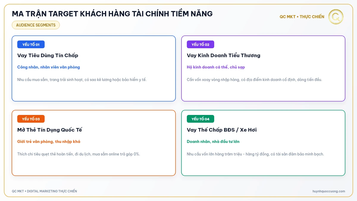 Ma trận target đối tượng vay tiêu dùng thế chấp và thẻ tín dụng Facebook Ads QC MKT