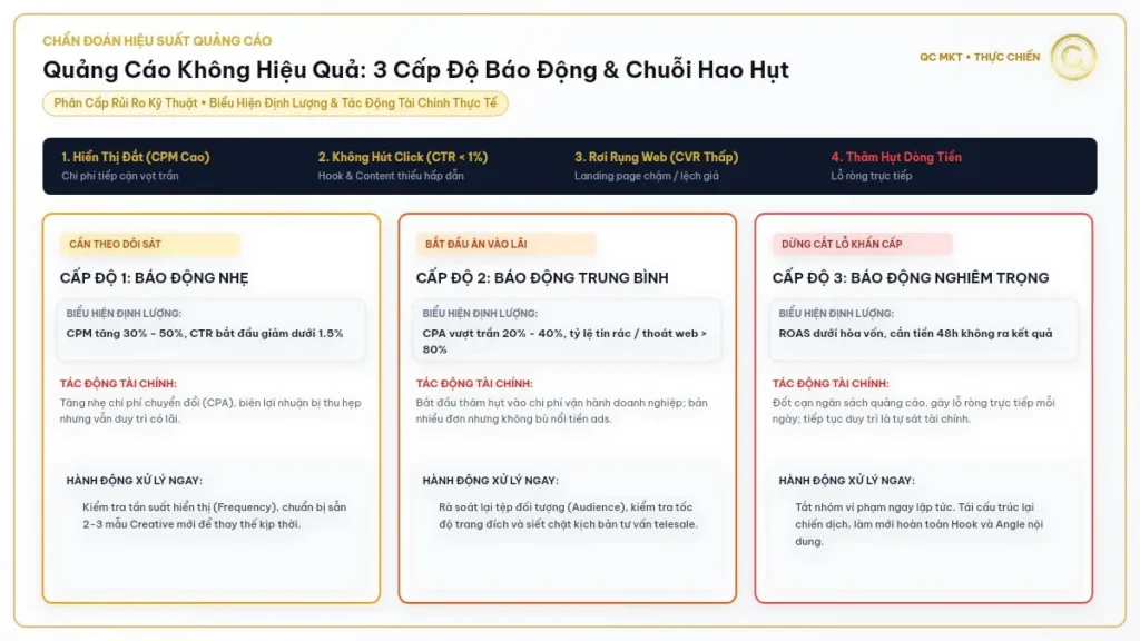 Chạy quảng cáo Facebook không hiệu quả 3 cấp độ báo động rủi ro và chuỗi hao hụt ngân sách từ CPM đến CVR QC MKT