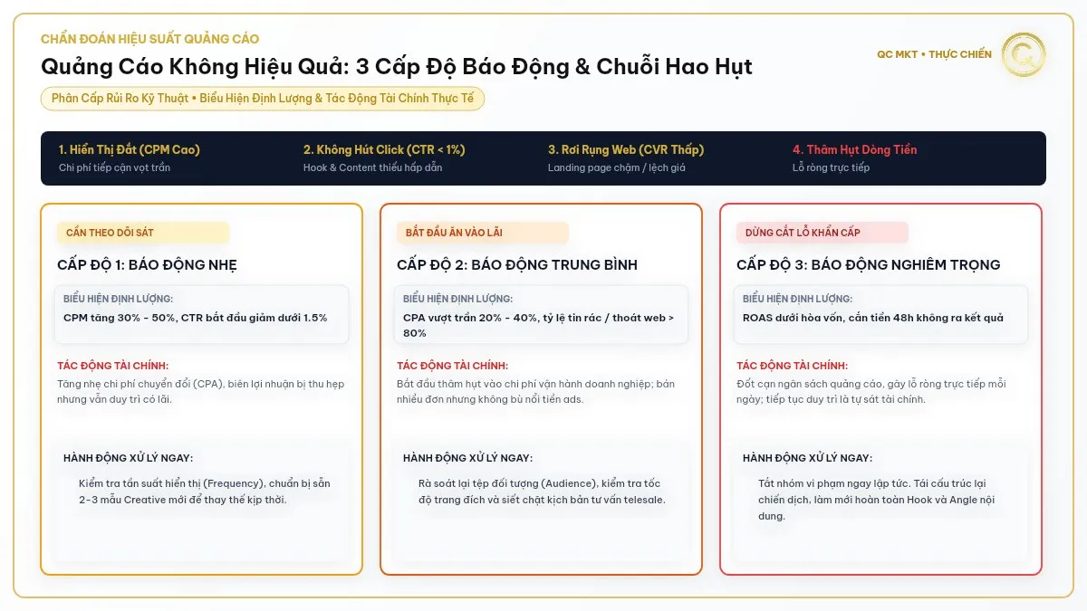 Chạy quảng cáo Facebook không hiệu quả 3 cấp độ báo động rủi ro và chuỗi hao hụt ngân sách từ CPM đến CVR QC MKT