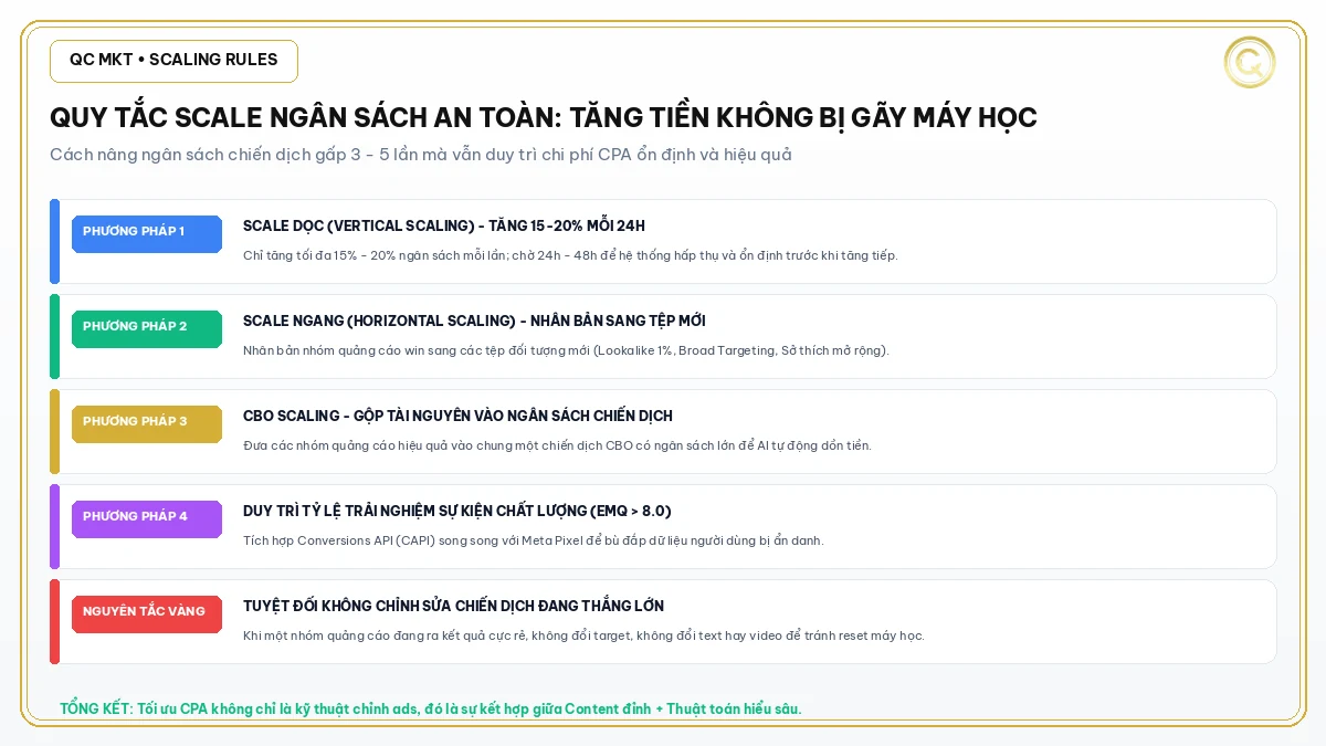 Quy tắc scale ngân sách quảng cáo an toàn không bị gãy máy học QC MKT