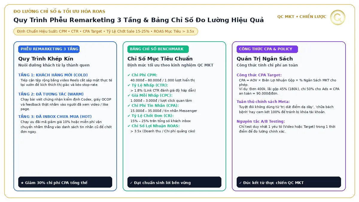 Quy trình phễu remarketing 3 tầng khép kín và bảng định chuẩn chỉ số CPM CTR CPA target tỷ lệ chốt đơn ROAS ngành mật ong QC MKT