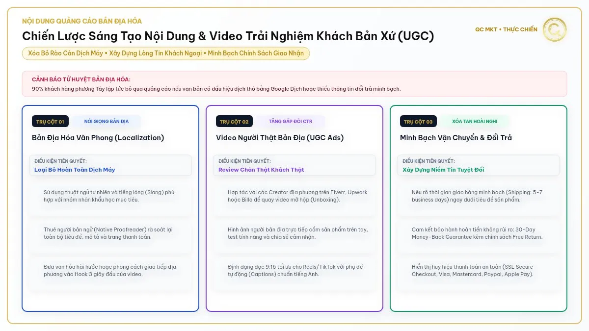 Chiến lược bản địa hóa nội dung và sản xuất video UGC người thật bản địa chạy quảng cáo Facebook xuyên biên giới QC MKT