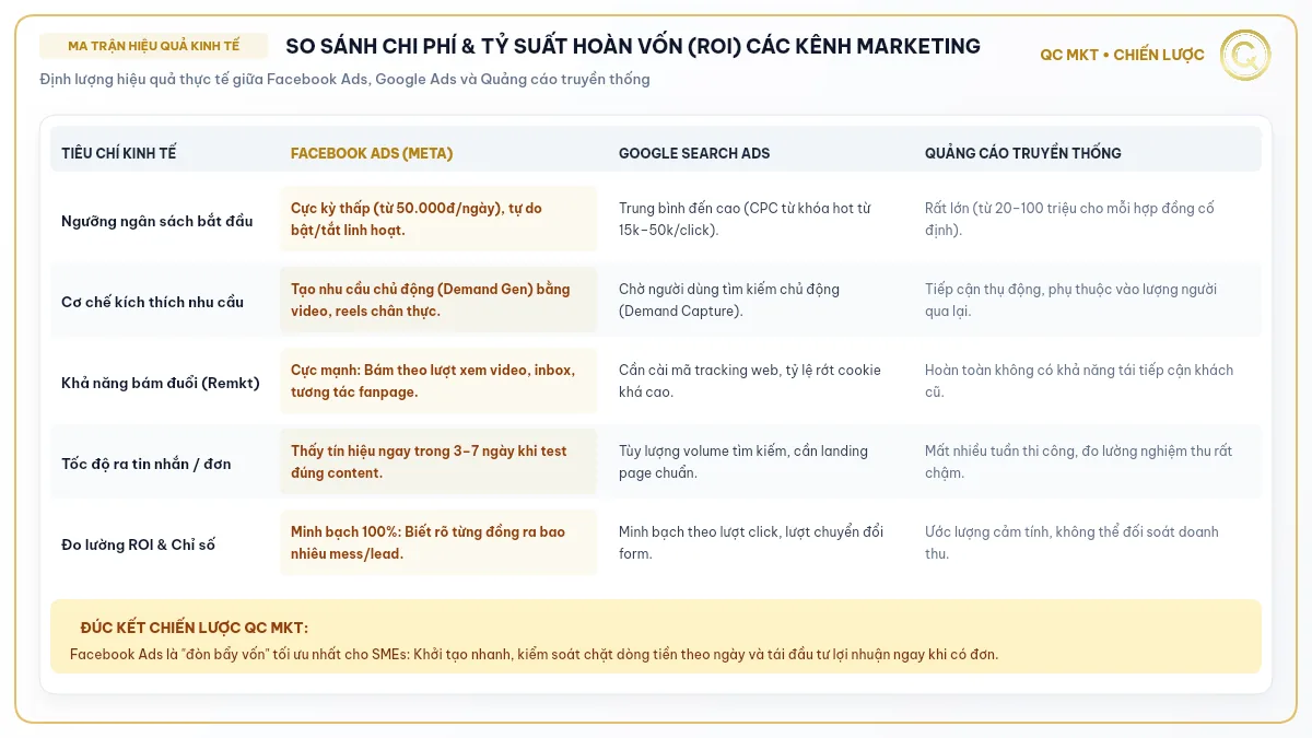 Lợi ích khi sử dụng Facebook Ads ma trận so sánh chi phí và tỷ suất lợi nhuận ROI các kênh QC MKT