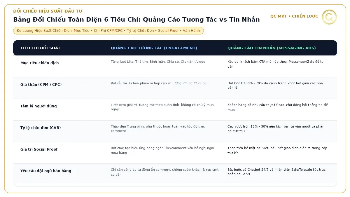 Bảng đối chiếu so sánh 6 tiêu chí chi phí CPM CPC tỷ lệ chốt đơn CVR và Social Proof giữa quảng cáo tương tác và tin nhắn QC MKT