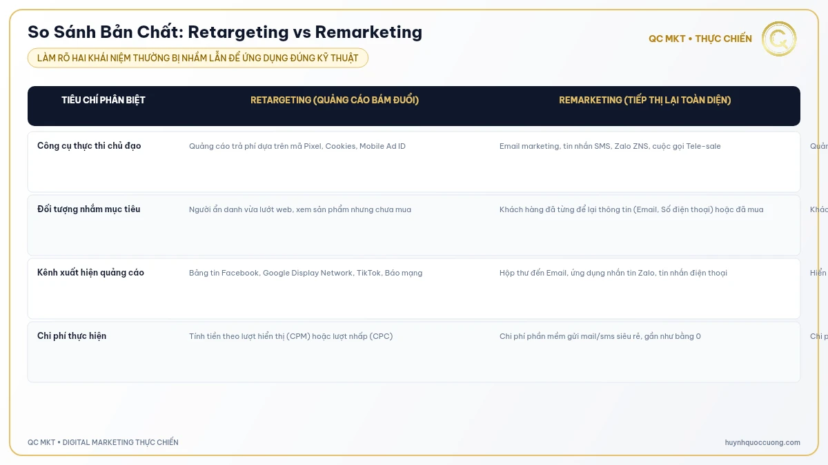 Bảng phân biệt ranh giới công cụ kênh triển khai giữa Retargeting và Remarketing QC MKT