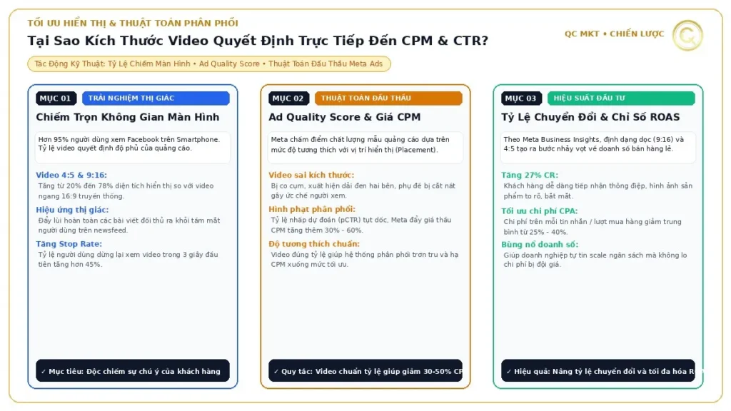 Phân tích kỹ thuật tại sao kích thước tỷ lệ video chạy quảng cáo Facebook quyết định điểm chất lượng Ad Quality và giá thầu CPM QC MKT