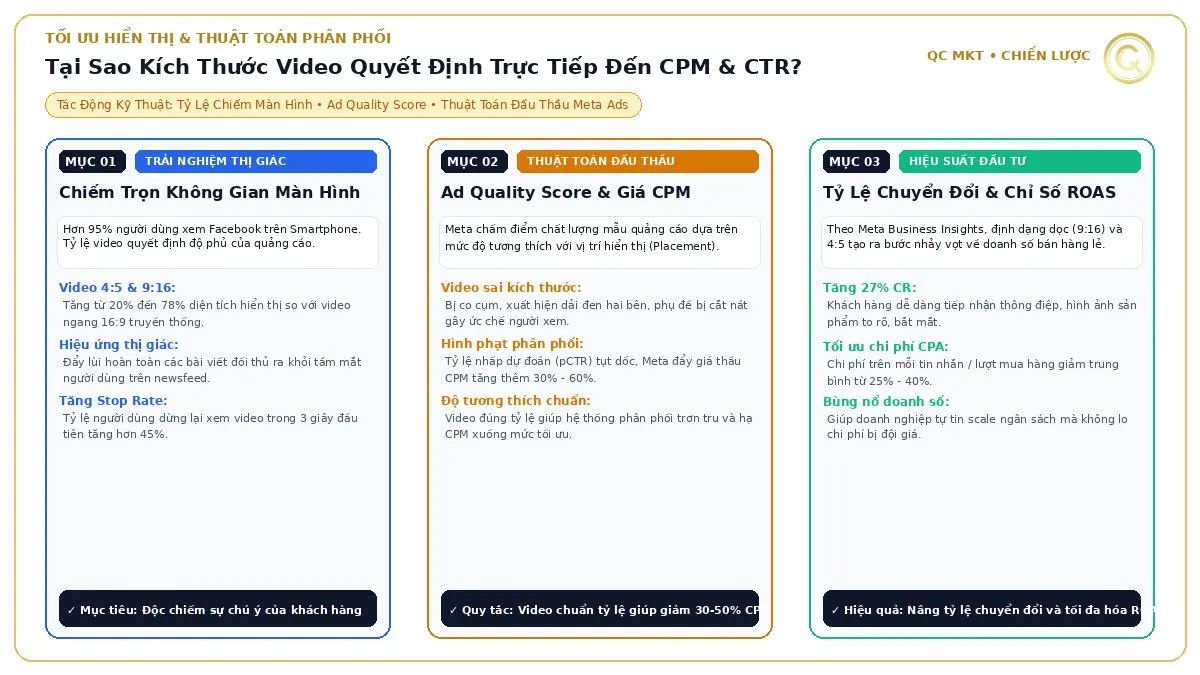 Phân tích kỹ thuật tại sao kích thước tỷ lệ video chạy quảng cáo Facebook quyết định điểm chất lượng Ad Quality và giá thầu CPM QC MKT