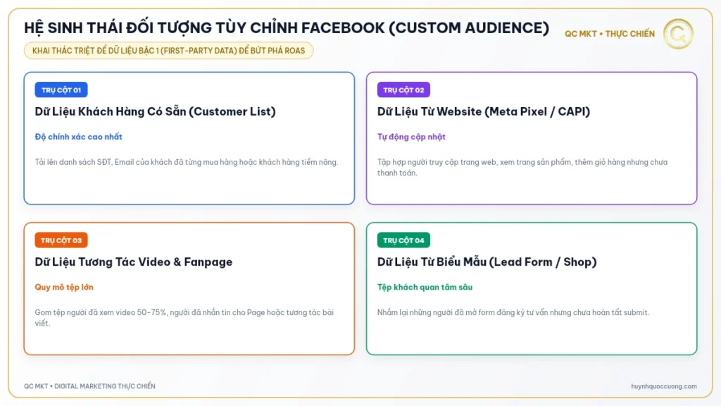 Mô hình tổng quan các nguồn dữ liệu tạo đối tượng tùy chỉnh Facebook Ads QC MKT