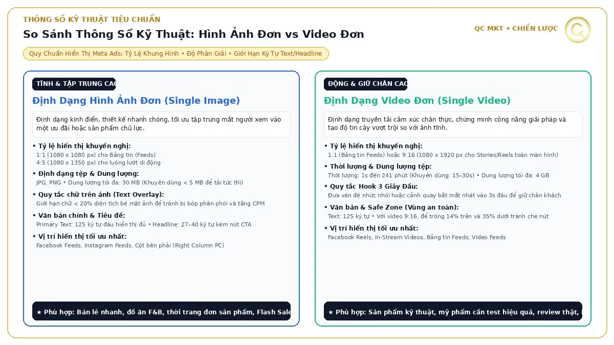So sánh thông số kỹ thuật hình ảnh đơn và video đơn Facebook Ads tỷ lệ khung hình độ phân giải và Safe Zone QC MKT
