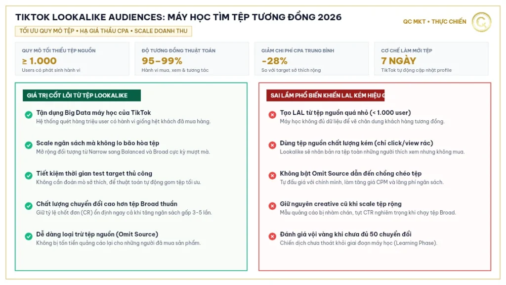 TikTok Lookalike Audiences là gì tổng quan 4 chỉ số vàng và so sánh giá trị cốt lõi vs sai lầm QC MKT