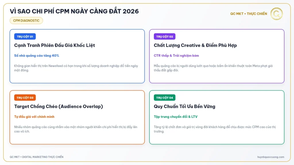 Mô hình 3 trụ cột giải mã nguyên nhân giá CPM Facebook Ads tăng phi mã QC MKT
