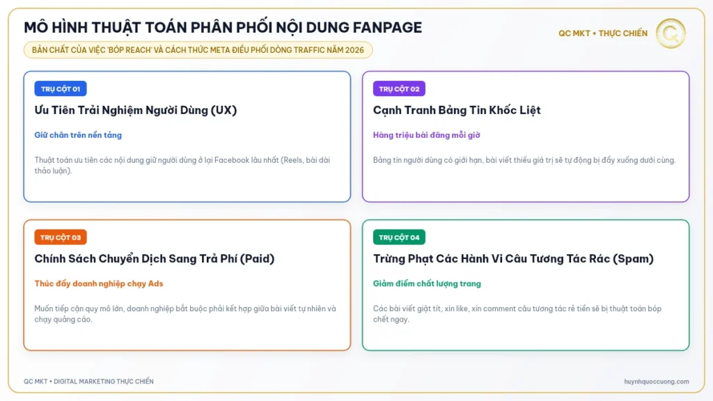 Mô hình tổng quan thuật toán phân phối nội dung và cơ chế bóp reach Fanpage QC MKT