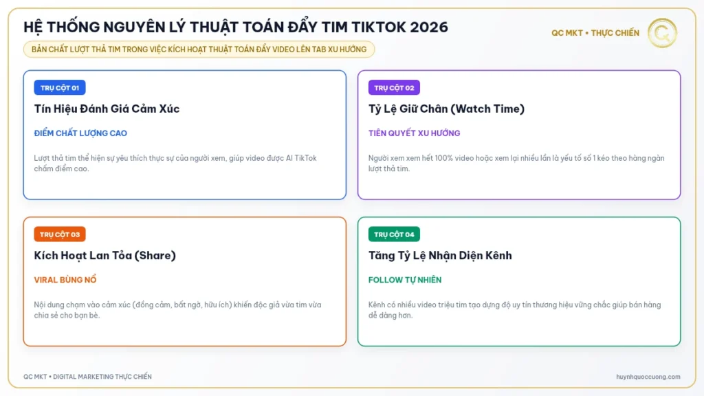 Hệ thống nguyên lý thuật toán đẩy tim TikTok 2026 - QC MKT