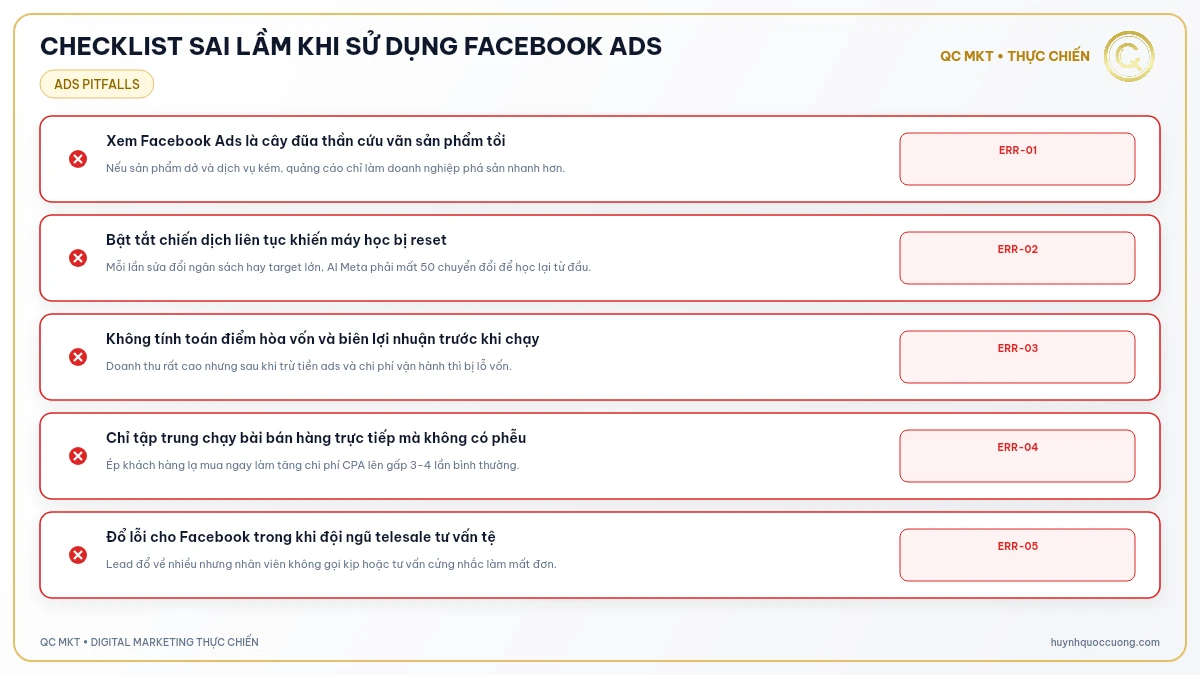 Checklist các lỗi tư duy sai lầm khi chạy quảng cáo Facebook Ads QC MKT