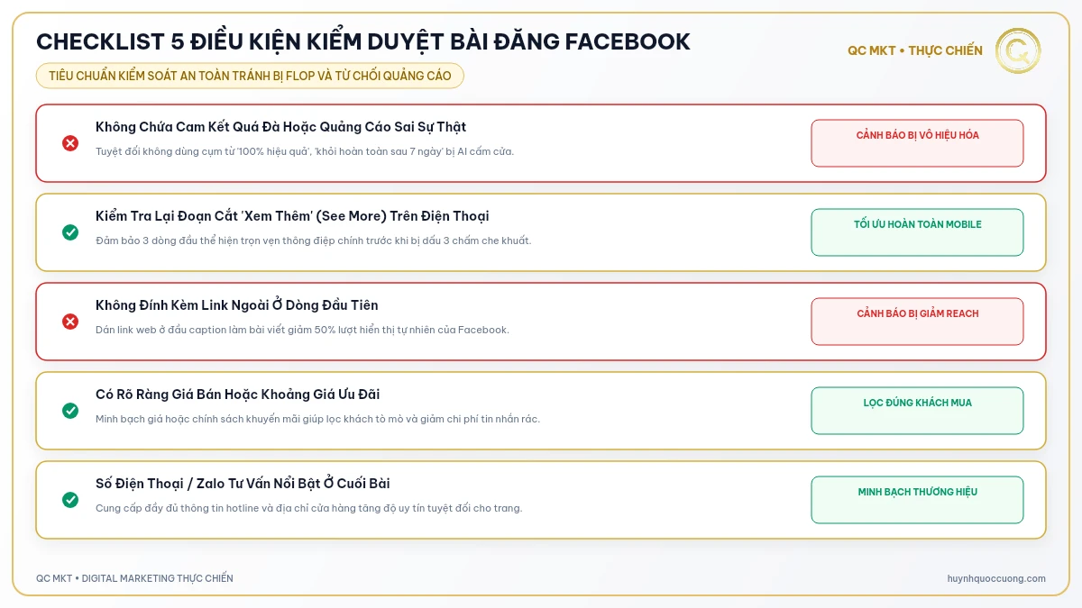 Checklist 5 điều kiện kiểm duyệt bài đăng Facebook - QC MKT