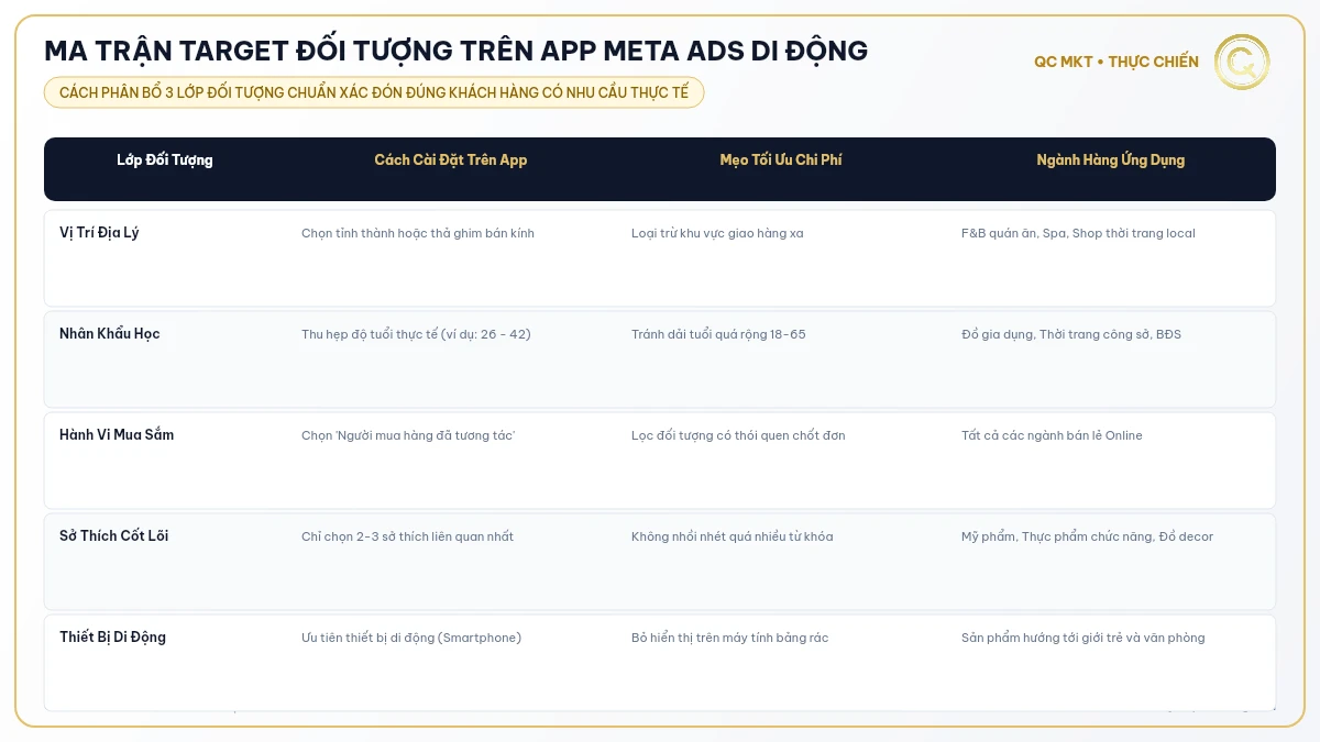 Ma trận target đối tượng trên App Meta Ads di động - QC MKT