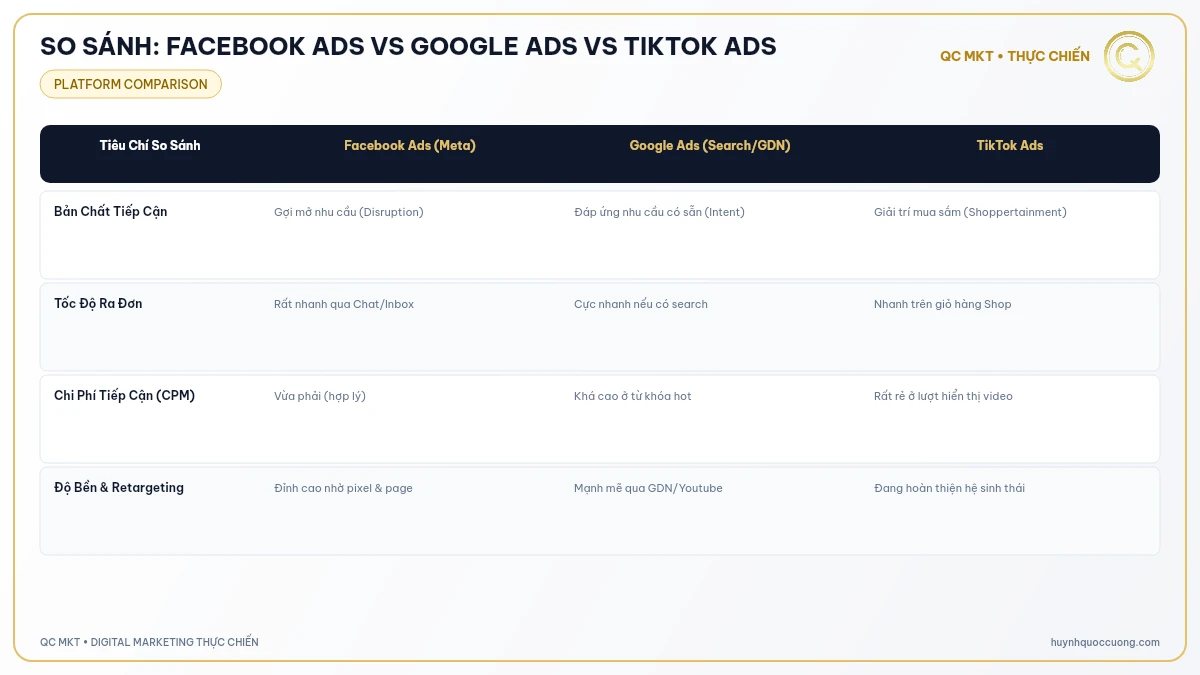 Bảng so sánh bản chất kênh chi phí và hành vi mua hàng 3 nền tảng ads lớn QC MKT